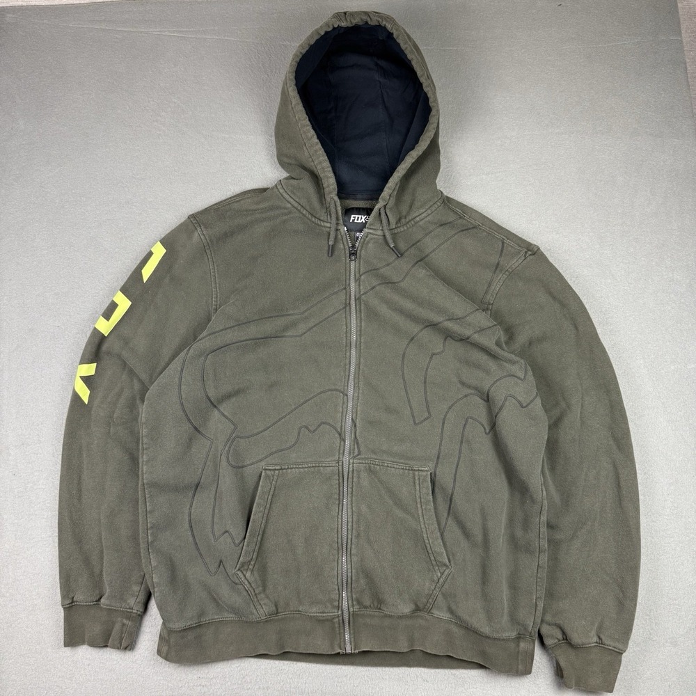 Y2K Fox Racing Green Sleeve Hit Logo Zip Up Hoodie XXL Skater Grunge